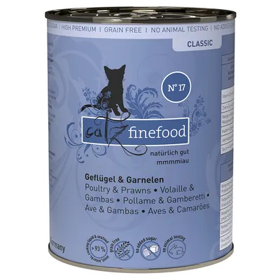 catz finefood No. 17 Classic Gevogelte & Garnalen, graanvrij, zonder toegevoegde suikers, geen dierproeven, meer dan 93% vlees en zeevruchten. catz finefood No. 17 Classic Gevogelte & Garnalen, graanvrij, zonder toegevoegde suikers, geen dierproeven, meer dan 93% vlees en zeevruchten.