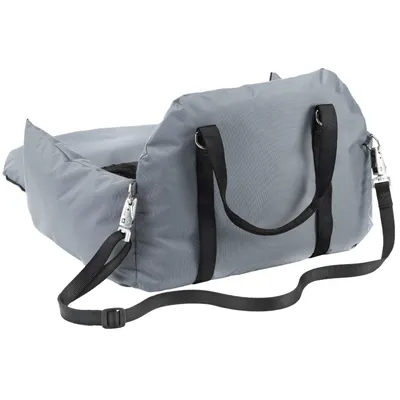 Grey transport bag with black carrying straps and safety clips, suitable for safe transport of pets.