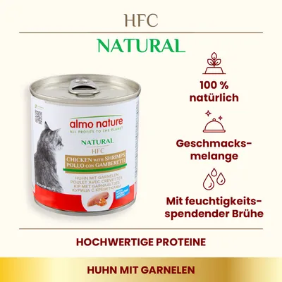 Almo Nature HFC Natural Nassfutter für Katzen, Sorte Huhn mit Garnelen. 100% natürlich, Geschmacks-Melange, mit feuchtigkeitsspendender Brühe, hochwertige Proteine.