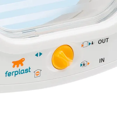 Ferplast sportello per gatti con manopola gialla e simboli per impostazioni di entrata e uscita. Scritta: IN, OUT, simbolo casa e frecce.
