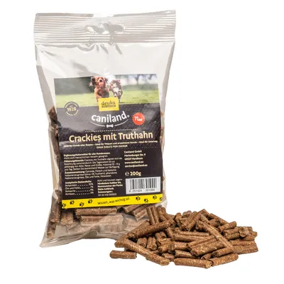 Caniland Crackies s puranom, dopolnilna hrana za pse, brez dodanega sladkorja, pakiranje 200g. Primerno za mladiče in odrasle pse. Analiza: beljakovine 30%, maščoba 7%, surova vlaknina 3%.