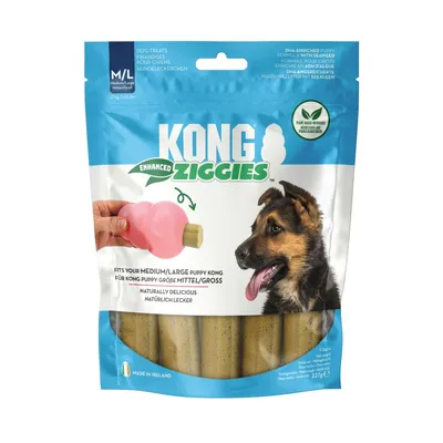 KONG Ziggies Enhanced, pasji priboljški za mladiče srednje/velike velikosti, naravno okusni, receptura obogatena z DHK in morskimi algami, rastlinske sestavine, izdelano na Irskem.