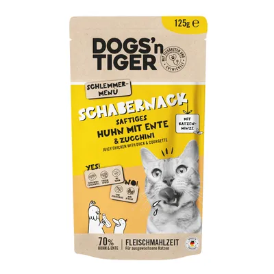 DOGS'n TIGER Schlemmer-Menü Schabernack, ζουμερό κοτόπουλο με πάπια & κολοκύθι, με catnip, 125g, 70% κοτόπουλο & πάπια, γεύμα κρέατος για ενήλικες γάτες, Made in Germany.