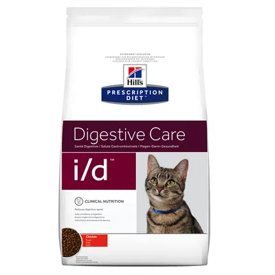Hill's Prescription Diet Digestive Care i/d torrfoder för katt, synlig text: Chicken. Bild på en katt och foderbitar. Förpackning med klinisk nutrition-information.