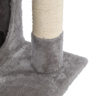 Cat tree with grey plush cover and sisal-wrapped scratching post, close-up of base and post.