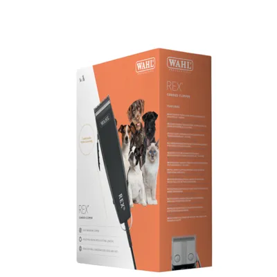 Wahl Rex Corded Clipper, emballage med billede af produktet og flere kæledyr. Velegnet til præcis klipning af dyrehår.