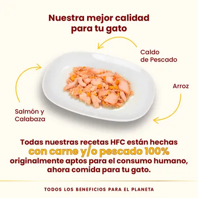 Nuestra mejor calidad para tu gato. Salmón y calabaza, caldo de pescado, arroz. Todas nuestras recetas HFC están hechas con carne y/o pescado 100% aptos para el consumo humano.