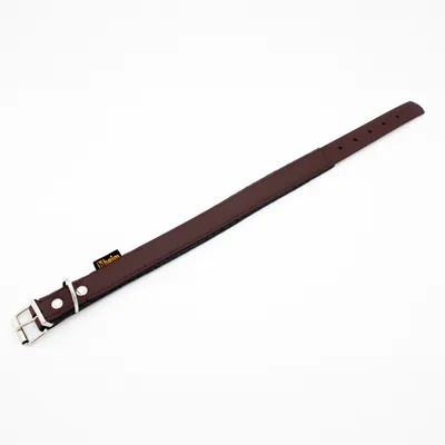 Braunes Hundehalsband aus Leder mit verstellbarer Schnalle und Heim-Logo.
