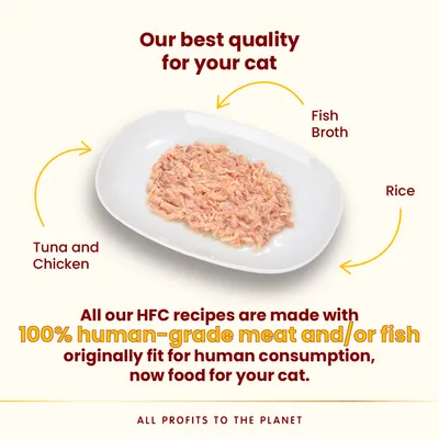 Tuniak a kuracie mäso, ryža, rybí vývar na tanieri. Text: 100% human-grade meat and/or fish, originally fit for human consumption, now food for your cat. All profits to the planet.