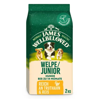 James Wellbeloved alimento para cachorros/jóvenes, hipoalergénico, rico en pavo y arroz, para perros de hasta 14 meses, paquete de 2 kg.