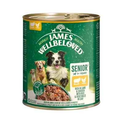 James Wellbeloved Senior 7+ years, rich in lamb and chicken with rice and vegetables in pâté. Hypoallergenic for sensitive pets. Recyclable packaging.