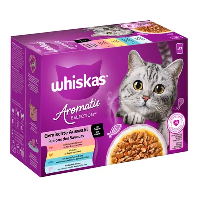 Boîte Whiskas Aromatic Selection Fusions des Saveurs, 12 sachets. Saveurs : porc et carottes, bœuf, poulet, poissons de l’océan, saumon et petits pois. Texte en français et allemand visible.