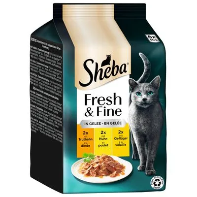 Sheba Fresh & Fine in gelei, 6x50g. 2x met kalkoen, 2x met kip, 2x met gevogelte. Afbeelding van kattenvoer op een bord en kat op de verpakking.