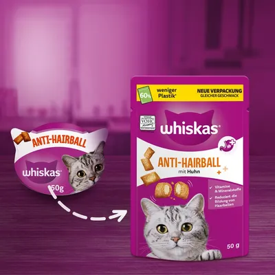 Whiskas Anti-Hairball mit Huhn, 50 g. Nova embalaža z 60 % manj plastike, enak okus. Vitamine & Mineralstoffe. Reduziert die Bildung von Haarballen. Besedilo v nemščini.