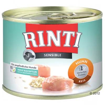 Scatoletta Rinti Sensible, visibili scritte: Huhn, Reis, Nr. 1 tierisches Protein, Für empfindliche Hunde, Neue Rezeptur noch bekömmlicher. Immagini di carne e riso.