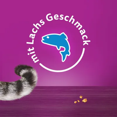 Mit Lachs Geschmack. Illustration eines blauen Fisches auf violettem Hintergrund mit Katzenpfote und kleinen Futterstücken.