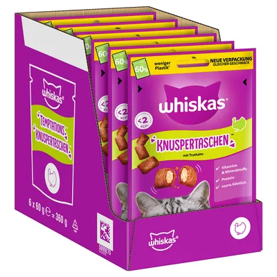 Whiskas Knuspertaschen mit Truthahn, weniger Plastik, <2 kcal pro Stück, Vitamine & Mineralstoffe, Protein, 100% köstlich. Packung: 6 x 60 g = 360 g.