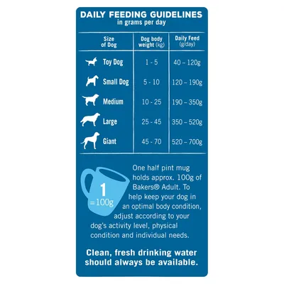 Daily feeding guidelines for dogs by size and weight, with recommended daily feed in grams. Includes advice to adjust amounts and ensure fresh water is always available.