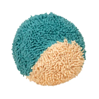 Rundt legetøj af mikrofiber i turkis og beige, egnet til kæledyr.