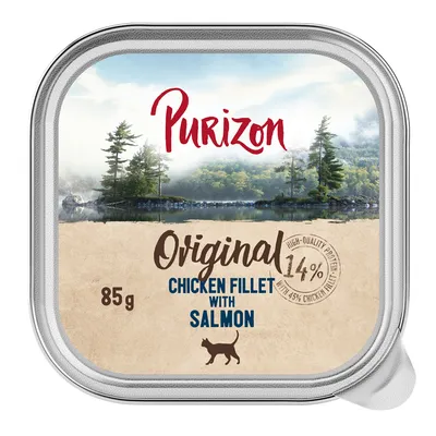 Purizon Original пилешко филе със сьомга, 85g. Съдържа 14% висококачествен протеин с 45% пилешко филе.
