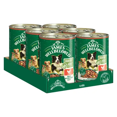 James Wellbeloved Adult Grain Free, pollo con verdure in loaf, 6x400g. Alimento umido per cani senza cereali. La confezione mostra immagini di cani e dettagli del prodotto.