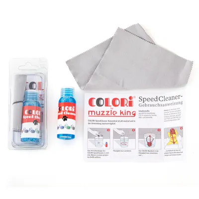COLORI by muzzle king SpeedCleaner készlet tisztítókoncentrátummal, kendővel és használati útmutatóval. Az útmutató lépéseket mutat a koncentrátum higiénikus használatához.
