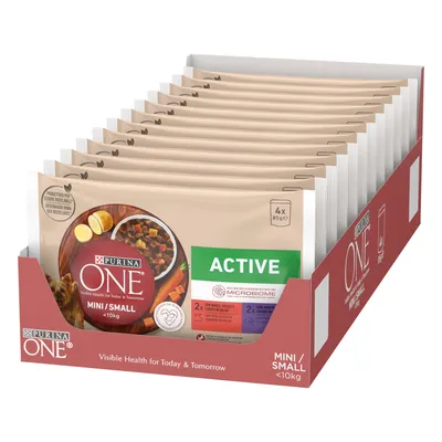 Purina ONE Mini/Small <10kg Active, 4x85g φακελάκια. Ορατή υγεία για σήμερα και αύριο. Με ισορροπία μικροβιώματος και φυσικά συστατικά.