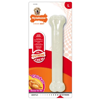 Nylabone Extreme Chew L, extra odolná kost pro psy do 23 kg, příchuť kuře, Chicken flavour for life, vhodné pro agresivní žvýkače. Viditelný nápis: Dog EXTREME CHEW.