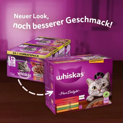 Deux boîtes Whiskas Vorratspack pour chat, texte en allemand : 'Neuer Look, noch besserer Geschmack!', Pure Delight Klassisches Ragout in Gelee, 24 sachets. Texte d'emballage visible en allemand.