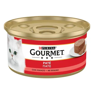 Purina Gourmet Paté con ternera, comida para gatos en lata roja, imagen de gato blanco y paté en plato.