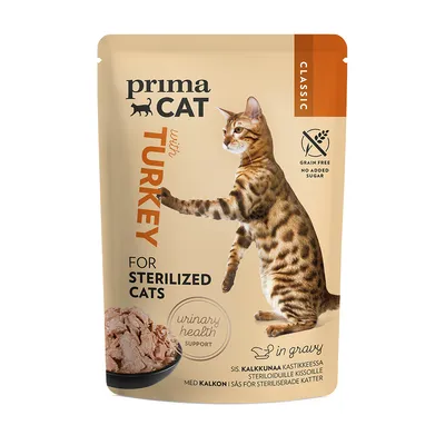 Prima Cat Classic z indykiem, dla kotów sterylizowanych. Bez zbóż, bez dodatku cukru, wspiera zdrowie dróg moczowych. W sosie.