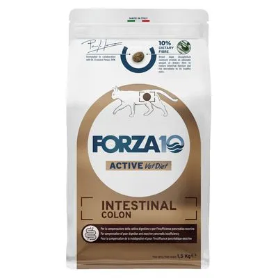 Forza10 Active Vet Diet Intestinal Colon kattenvoer, 1,5 kg zak. 10% dietary fibre staat vermeld. Tekst: Made in Italy. Afbeelding van kat met markering op de buik.