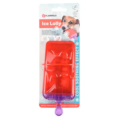 Flamingo Ice Lolly hračka pro psy, červeno-fialová. Naplnit vodou a zmrazit pro chladivý efekt. Text: Cool Soothing Effect, vhodné ke žvýkání.