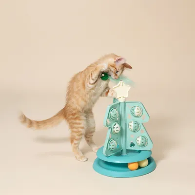 Chat roux jouant avec un arbre à jouets interactif en plastique bleu, équipé de balles et d’une étoile au sommet. Deux balles jaunes visibles à la base du jouet.