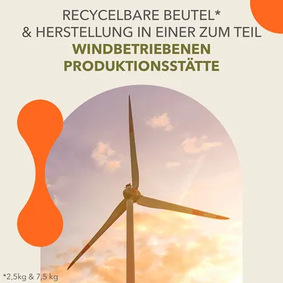 Recycelbare Beutel und Herstellung in einer teilweise windbetriebenen Produktionsstätte. Verpackungsgrössen: 2,5kg und 7,5kg.
