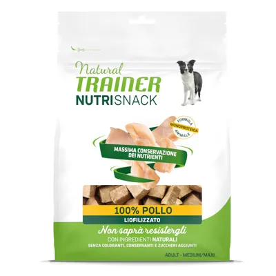 Natural Trainer Nutrisnack, 100% Huhn, gefriergetrocknet. Monoprotein-Formel mit natürlichen Zutaten, ohne Farbstoffe, Konservierungsstoffe und Zuckerzusätze.