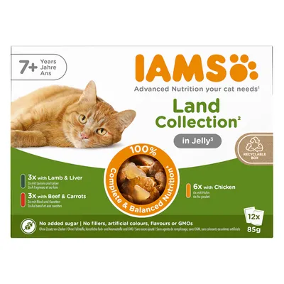 IAMS Land Collection en gelatina para gatos a partir de 7 años. Variedades: 3x cordero e hígado, 3x ternera y zanahorias, 6x pollo. Sin azúcar, aditivos artificiales ni OGM. Envase reciclable, 12x85g.