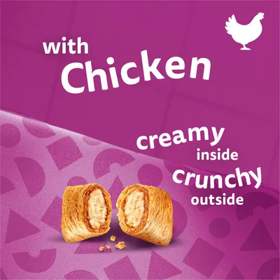Product with chicken, creamy inside and crunchy outside, shown as two filled treats on a purple background.
