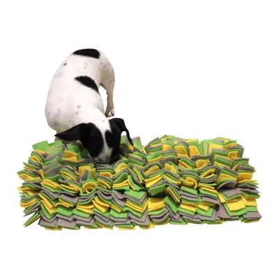 Hond met zwart-witte vacht snuffelt in een rechthoekige snuffelmat van stof in geel, groen en grijs. Mat bestaat uit veel losse stroken textiel.