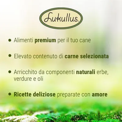 Lukullus. Alimenti premium per il tuo cane, elevato contenuto di carne selezionata, arricchito da componenti naturali erbe, verdure e oli, ricette deliziose preparate con amore.
