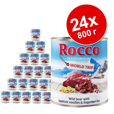 Rocco World Trip консервирана храна, 24 броя по 800 г. Видимо: месо от диво прасе, спаецле и червени боровинки. Текст на английски: Wild boar with spaetzle noodles & lingonberries.