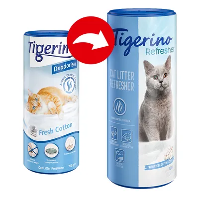 Tigerino Deodoriser Fresh Cotton ja Tigerino Refresher Cat Litter Refresher -pakkaukset, 700 g, näkyvissä kissan kuva ja tekstit: Aroma Control Formula, with fresh cotton scent.