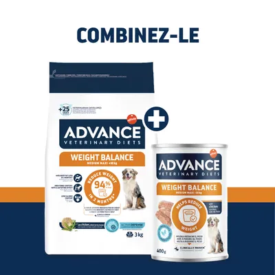 Advance Veterinary Diets Weight Balance Medium Maxi +10 kg, croquettes 3 kg et pâtée 400 g pour chien, mention « Reduce weight 94 % in 2 months », avec poulet. Texte principal en anglais.