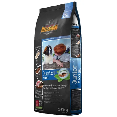 Sacchetto Belcando Junior Maxi 15 kg, immagine di un cane e un bambino, testo visibile: holistic, Super Premium Quality, Made in Germany, ingredienti illustrati: riso, carne, pesce.