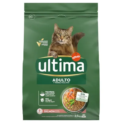 Affinity Ultima Adulto 1-10 años, pienso para gatos con salmón, 2,5 kg. Pelo brillante y piel cuidada. Fácil de digerir. Sin colorantes ni conservantes artificiales.