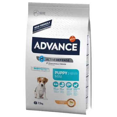 Упаковка корма Advance Puppy Mini 2–10 months, 7,5 кг. Видны надписи: Active Defense, BabyProtect Formula, with chicken & rice, изображение щенка, значки преимуществ.