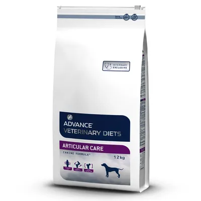 Saco de 12 kg Advance Veterinary Diets Articular Care Canine Formula. Texto visible: Veterinary Exclusive. Silueta de perro y pictogramas en la parte inferior del envase.