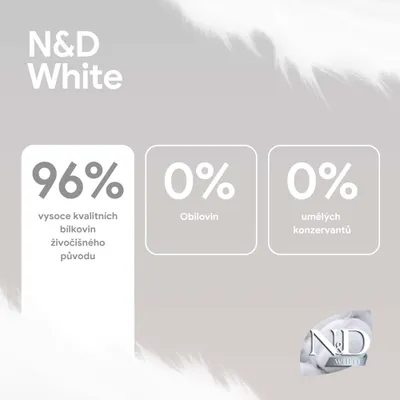 N&D White. 96% kvalitných živočíšnych bielkovín, 0% obilnín, 0% umelých konzervačných látok. N&D White. 96% kvalitných živočíšnych bielkovín, 0% obilnín, 0% umelých konzervačných látok.