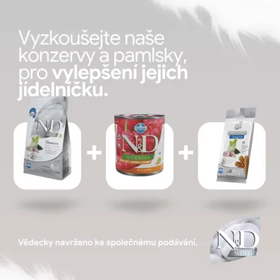 N&D White Coat suché krmivo, N&D Quinoa mokré krmivo a N&D White Coat Dental maškrta. Pre vylepšenie jedálnička. Vedecky vyvinuté na spoločné kŕmenie. N&D White Coat suché krmivo, N&D Quinoa mokré krmivo a N&D White Coat Dental maškrta. Pre vylepšenie jedálnička. Vedecky vyvinuté na spoločné kŕmenie.
