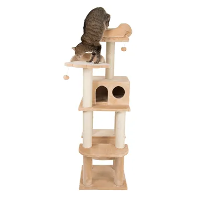 Kratzbaum mit mehreren Ebenen, Höhlen und Liegeflächen. Eine Katze spielt auf der oberen Plattform.